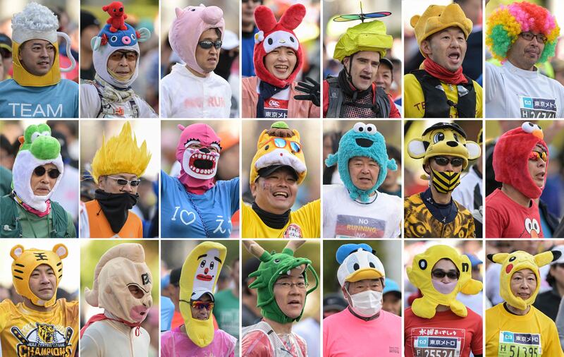 (COMBO) This combination of images shows various headgear worn by runners during the Tokyo Marathon shortly after the start of the race in the Shinjuku area of downtown Tokyo on March 3, 2024.  (Photo by Richard A.  Brooks  /  AFP)