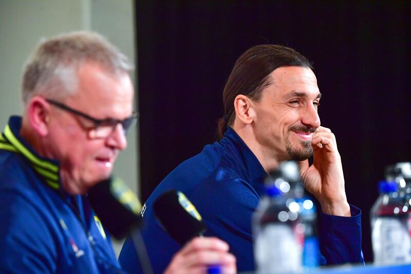 Zlatan Ibrahimovic and Sweden coach Janne Andersson at a press conference in Stockholm. EPA