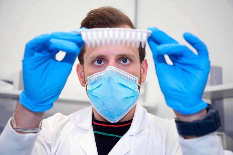 Abu Dhabi, United Arab Emirates, October  8, 2020.  A team of researchers from Khalifa University has developed a portable Covid-19 testing kit that can deliver the results in just 45 minutes.  Hussein Kannout, Research Associate, Center for Biotechnology at Khalifa University , conducts some tests at the laboratory.
Victor Besa/The National
Section:  NA