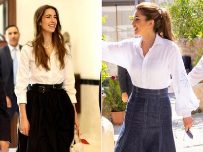 Princess Rajwa has taken style cues from Queen Rania in the past, including this look with a white shirt tucked into a full skirt. Photos: Instagram