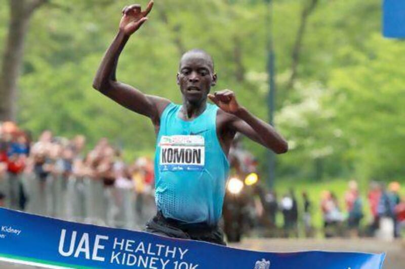 Leonard Patrick Komon crossing the finishing line at the UAE Healthy Kidney 10km race. The Kenyan won the UAE-backed New York race for the second time, leading throughout to claim victory in 27 minutes 58 seconds. Courtesy New York Road Runners