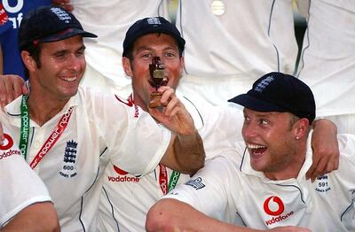 File photo dated 12-09-2005 of England's captain Michael Vaughan (left), Marcus Trescothick (centre) and Andrew Flintoff celebrate on the final day of the fifth npower Test match against Australia at the Brit Oval, London. PRESS ASSOCIATION Photo. Photo credit should read: Chris Young/PA. PRESS ASSOCIATION Photo. Issue date: Thursday June 27, 2019. Former England batsman Marcus Trescothick has announced he will retire from professional cricket at the end of the 2019 domestic season, his county Somerset have announced. See PA story CRICKET Trescothick. Photo credit should read Chris Young/PA Wire.
