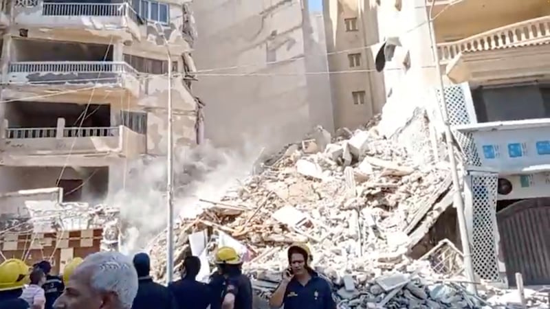 A view of a building which collapsed in Alexandria, Egypt, in this screen grab taken from a handout video released on June 26, 2023.  Alexandria Governorate/Handout via REUTERS THIS IMAGE HAS BEEN SUPPLIED BY A THIRD PARTY.  MANDATORY CREDIT