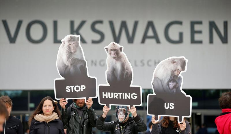 Activists from People for the Ethical Treatment of Animals (Peta) demonstrate at the Volkswagen Group's annual general meeting in Berlin. Axel Schmidt / Reuters