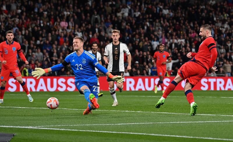 Luke Shaw pulls a goal back for England. AFP