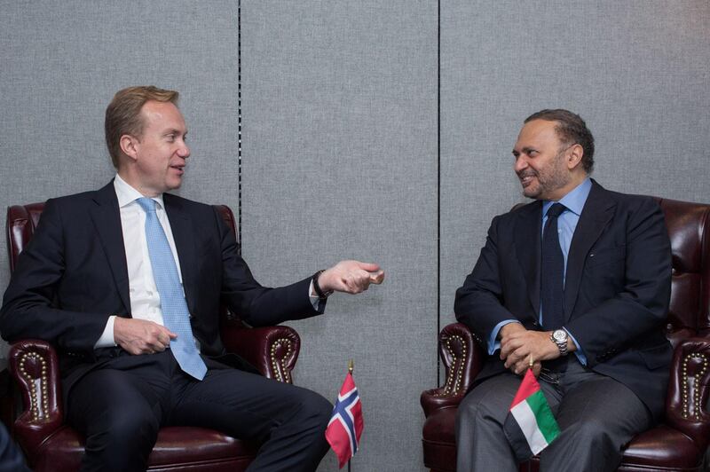 Anwar Gargash, UAE Minister of State for Foreign Affairs, with Norwegian Minister of Foreign Affairs Borge Brende. Wam