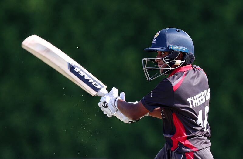 UAE's Theertha Satish bats against Malaysia in an ICC women's T20 World Cup qualifier at the ICC Academy in Dubai. Chris Whiteoak/ The National