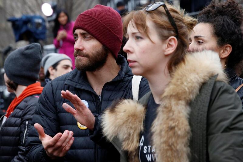 Actor Jake Gyllenhaal listens to speakers at the Women’s March in Washington DC. Shannon Stapleton / Reuters