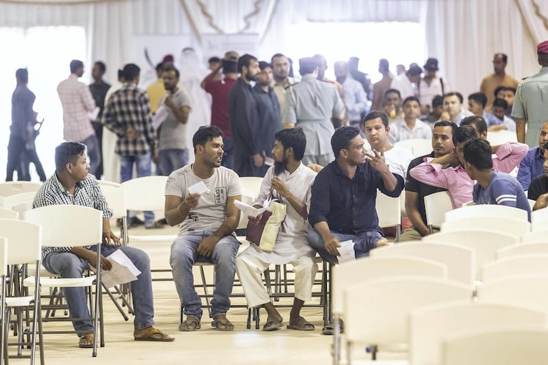 DUBAI, UNITED ARAB EMIRATES. 08 AUGUST 2018. Amnesty applicants at the Visa Amnesty Application Center in Al Awir as part of the three month visa amnesty period granted by the Dubai Government. (Photo: Antonie Robertson/The National) Journalist: Nawal Alramahi. Section: National.