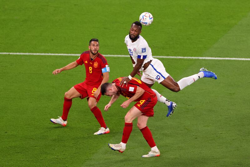 Kendall Waston of Costa Rica battles for possession with Aymeric Laporte of Spain. Getty 