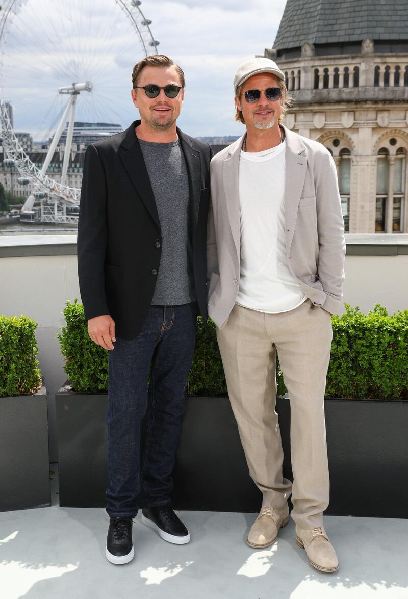LONDON, ENGLAND - JULY 31:  Leonardo DiCaprio (L) and Brad Pitt attend the Once Upon A Timeâ€¦In Hollywood Photocall in London at The Corinthia Hotel on July 31, 2019 in London, England. (Photo by Tim P. Whitby/Getty Images for Sony)