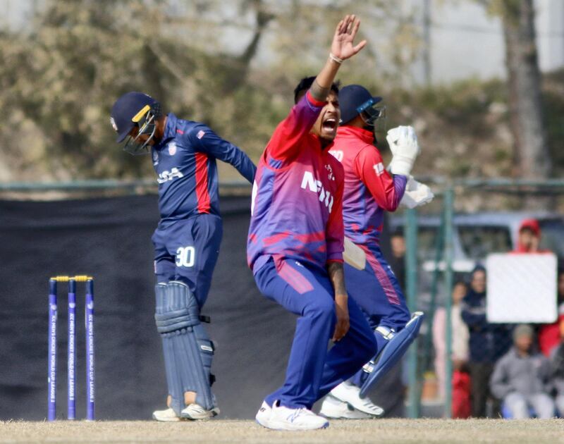 eep lamichhane of Nepal appeals during the ICC Cricket World Cup League 2 match between USA and Nepal at TU Cricket Stadium on 8 Feb 2020 in Nepal