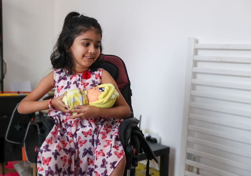 Arya Pathak, 6, is suffering from spinal muscular atrophy, a life-threatening genetic disease that affects nerves and muscles, causing muscles to become increasingly weak. Khushnum Bhandari / The National