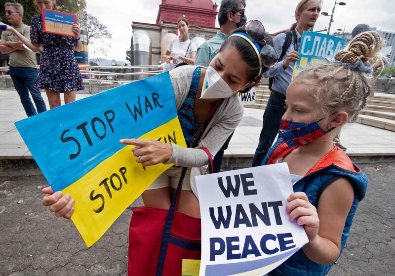 Ukrainian citizens in San Jose, Costa Rica, protest against the Russian invasion in Ukraine on March 4. Ezequiel Becerra /  AFP