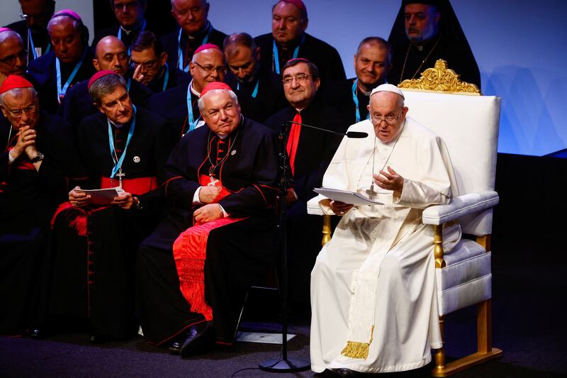 Pope Francis speaks during a meeting at Palais du Pharo in Marseille, France. Reuters