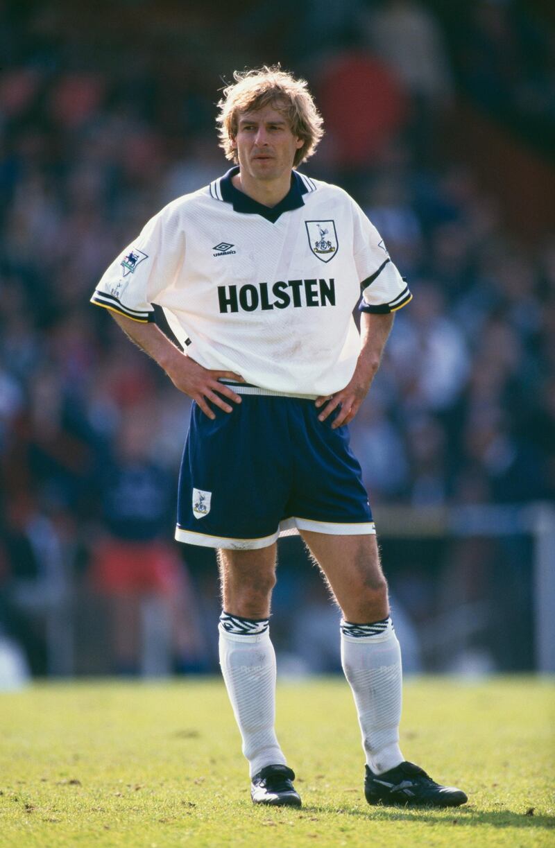 German football player JÃ¼rgen Klinsmann of Tottenham Hotspur during a match against Crystal Palace in the FA Carling Premiership, Selhurst Park, London, 14th April 1995. (Photo by Clive Brunskill/Getty Images)