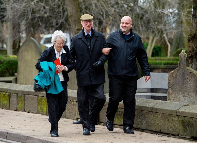 Former England player Jack Charlton (C) attends the funeral of former England goalkeeper Gordon Banks at the Stoke Minster in Stoke on Trent, Britain.  EPA