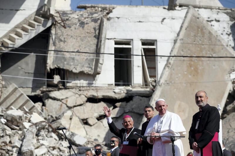 Pope Francis arrives to pray for war victims at 'Hosh al-Bieaa', Church Square, in Mosul's old city, Iraq, March 7, 2021. REUTERS/Yara Nardi