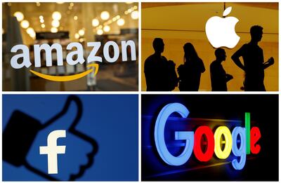 FILE PHOTO: The logos of Amazon, Apple, Facebook and Google in a combination photo from Reuters files.    REUTERS/File Photos - RC196FE450D0/File Photo