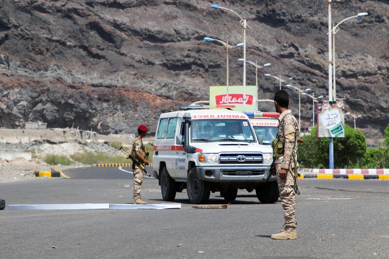Members of the Southern Transitional Council guard a checkpoint in Aden, Yemen, in October, 2021. Reuters