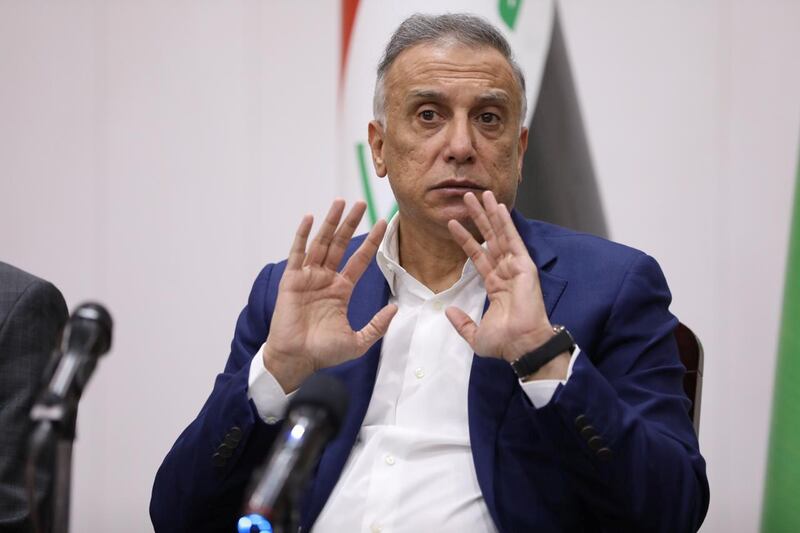 Iraqi Prime Minister Mustafa al-Kadhimi gestures during a meeting with security leaders, in Basra, Iraq August 22, 2020. Picture taken August 22, 2020. Iraqi Prime Minister Media Office/Handout via REUTERS   ATTENTION EDITORS - THIS IMAGE WAS PROVIDED BY A THIRD PARTY