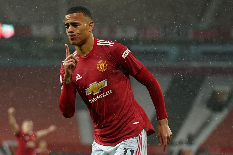 United attacker Mason Greenwood celebrates after scoring. AFP