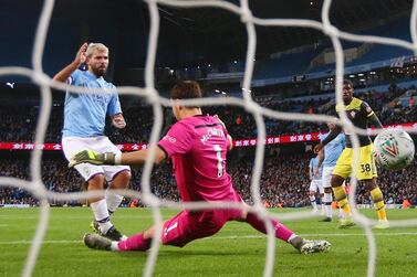 Sergio Aguero scores his second and Manchester City's third goal in the 3-1 win over Southampton. Getty Images