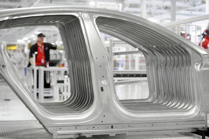 Model S side panels await installation at Tesla’s factory in California. Noah Berger / Reuters