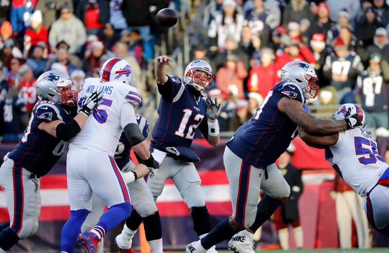 Dec 23, 2018; Foxborough, MA, USA; New England Patriots quarterback Tom Brady (12) throws against the Buffalo Bills during the second half at Gillette Stadium. Mandatory Credit: Winslow Townson-USA TODAY Sports