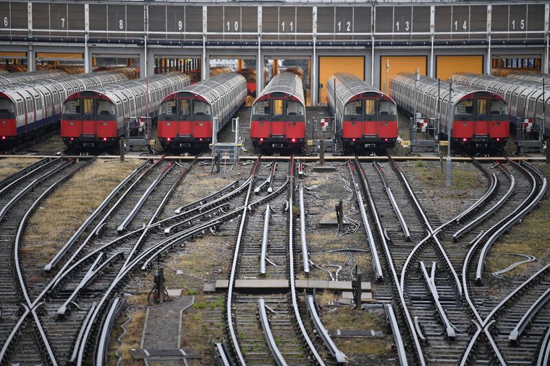 Piccadilly Line tube trains parked at a depot near Boston Manor tube station in London, as members of the Rail, Maritime and Transport union take industrial action. PA
