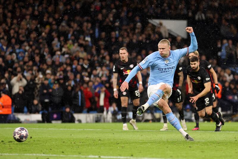 Erling Haaland scores with a penalty for City's opening goal. Getty