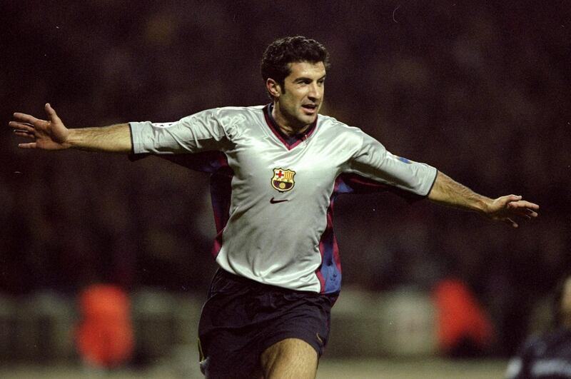 19 Oct 1999:  Luis Figo celebrates scoring Barcelona's third goal on 56 minutes during the Champions League Group B match against Arsenal played at Wembley Stadium, London. The game finished in a 4-2 win for Barcelona. \ Mandatory Credit: Stu Forster /Allsport