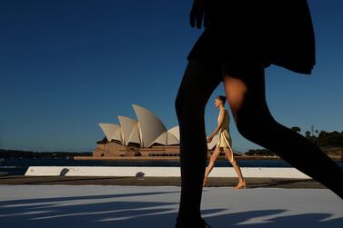 SYDNEY, AUSTRALIA - MAY 31: A model walks the runway during the BONDI BORN show during Afterpay Australian Fashion Week 2021 Resort '22 Collections at the Northern Wharf Boardwalk, Circular Quay, on May 31, 2021 in Sydney, Australia. (Photo by Mark Metcalfe/Getty Images)