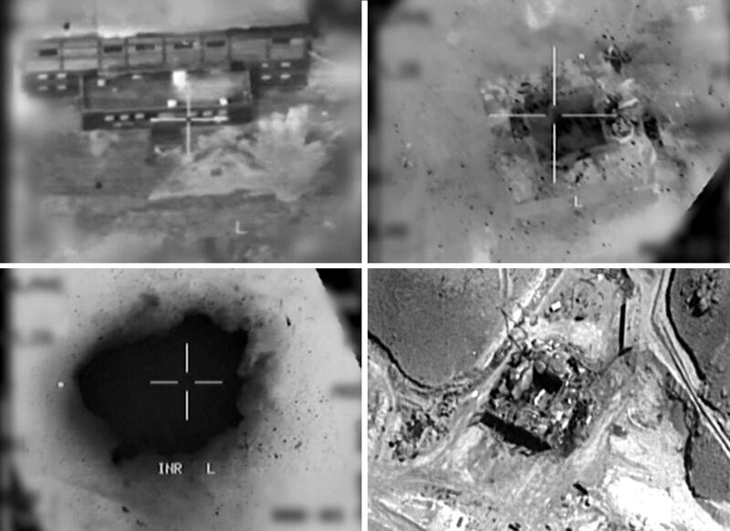 This combination of pictures created on March 20, 2018 of handout images provided by the Israeli army reportedly shows an aerial view of a suspected Syrian nuclear reactor during bombardment in 2007.
Israel's military admitted for the first time on March 20 responsibity for a 2007 air raid against a suspected Syrian nuclear reactor, a strike it was long suspected of carrying out.
The admission, along with the release of newly declassified material related to the raid, comes as Israel intensifies its warnings over the presence of its main enemy Iran in neighbouring Syria. / AFP PHOTO / Israeli Army / -