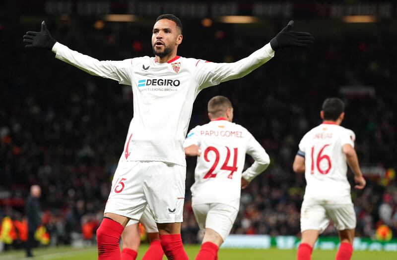 Youssef En-Nesyri celebrates after his deflected header  earned Sevilla a 2-2 draw against Manchester United in their Europa League quarter-final first leg match at Old Trafford, Manchester. April 13, 2023. PA