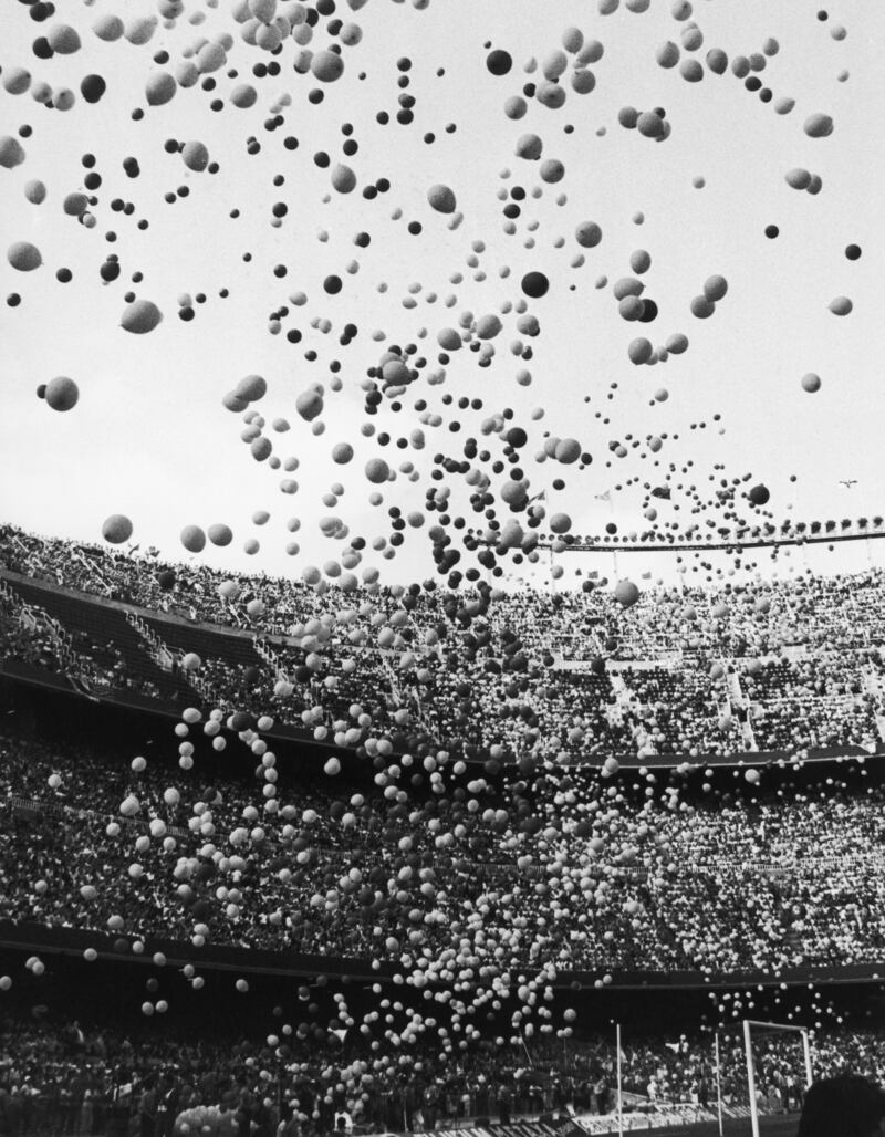 Thousands of balloons are released at the Camp Nou stadium in Barcelona, at the start of the Fifa World Cup, 14th June 1982. Getty Images