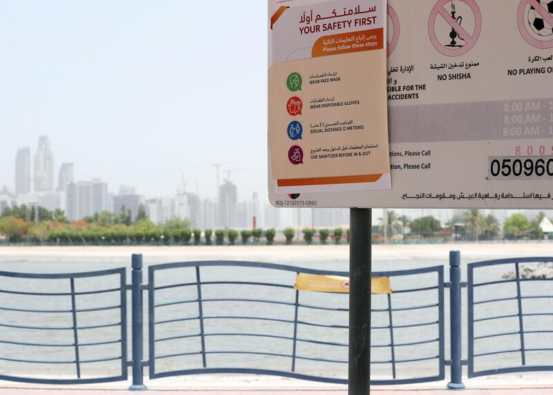 Dubai, United Arab Emirates - Reporter: N/A: Coronavirus / Covid-19. More parks to reopen in Dubai on Monday. A sign at Al Quoz Pond Park shows the new rules. Sunday, May 17th, 2020. Dubai. Chris Whiteoak / The National