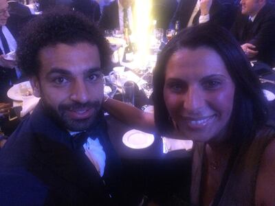Mohamed Salah, pictured with the writer, at the PFA Player of the Year Awards. Courtesy Nabila Ramdani