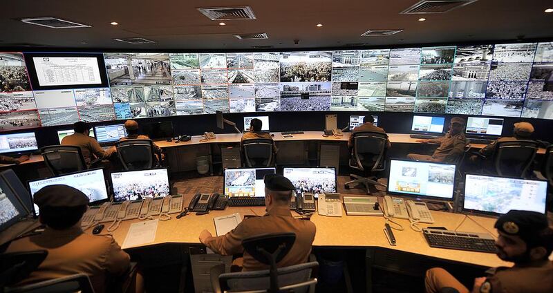 Saudi Arabia has strengthened security ahead of the haj pilgrimage. Security personnel are seen monitoring screens of CCTV as they follow the haj pilgrimage from the control room on October  27, 2012. Fayez Nureldine/AFP Photo