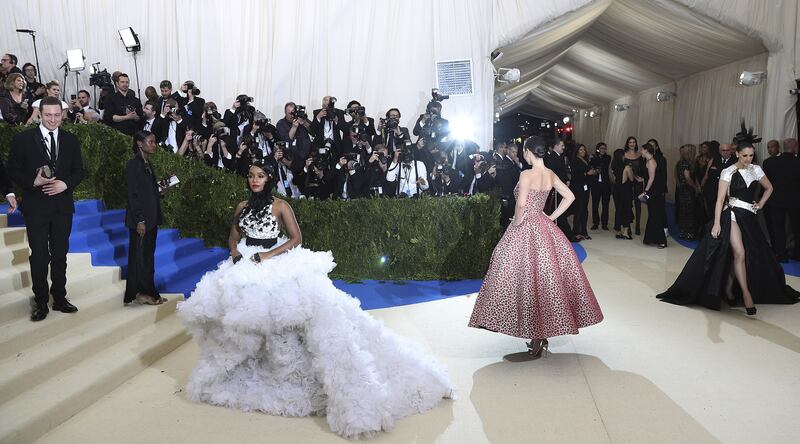 Janelle Monae, wearing Ralph & Russo Couture, arrives at the 2017 Met Gala on May 1, 2017. EPA