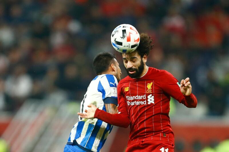 Mohamed Salah heads the ball past Monterrey's Leonel Vangioni. AP