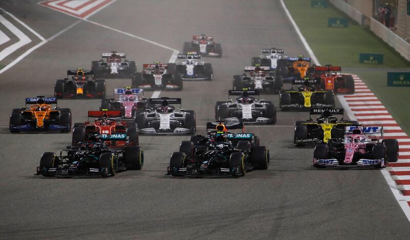 George Russell alongside his Mercedes teammate going into the first corner at the start of the Sakhir Grand Prix. Getty