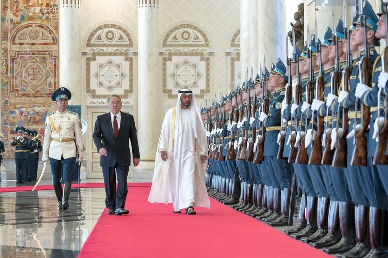 ASTANA, KAZAKHSTAN - July 04, 2018: HH Sheikh Mohamed bin Zayed Al Nahyan, Crown Prince of Abu Dhabi and Deputy Supreme Commander of the UAE Armed Forces (R) and HE Nursultan Nazarbayev, President of Kazakhstan (2nd R), inspect members of the Kazakhstan Honor Guard, during an official visit at Ak Orda Presidential Palace.

( Rashed Al Mansoori / Crown Prince Court - Abu Dhabi )
---


