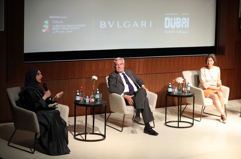 Hala Badri, director general of Dubai Culture, Paolo Glisenti, Italy’s commissioner general for Expo 2020 Dubai and Lucia Boscaini, brand curator of Bulgari during the launch of the Bulgari Contemporary Art Award in July 2021. Pawan Singh / The National