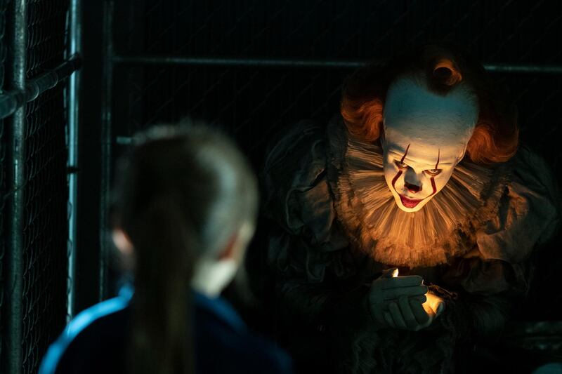 This image released by Warner Bros. Pictures shows Bill Skarsgard as Pennywise in New Line Cinemaâ€™s horror thriller "It: Chapter 2." (Brooke Palmer/Warner Bros. Pictures via AP)
