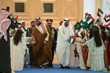 Mohammed bin Salman arrives at Qasr Al Watan in Abu Dhabi, where he is accorded an official reception. From MBZ's twitter