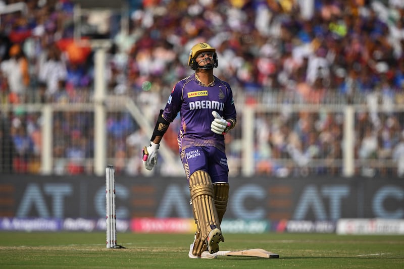 Kolkata Knight Riders' Sunil Narine reacts after an injury. He was out for 10 off 15 balls. AFP