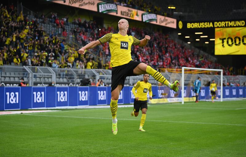 Erling Haaland celebrates scoring for Borussia Dortmund against FC Union Berlin at Signal Iduna Park on Sunday,  September 19. Getty