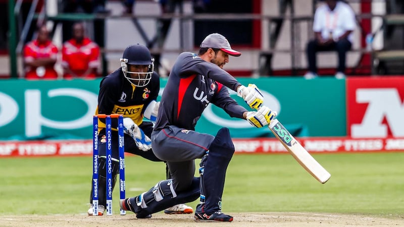 UAE captain Rohan Mustafa plays a shot during his innings of 95 that helped his side defeat Papua New Guinea in their opening game at the World Cup Qualifier. Image courtesy of ICC. 