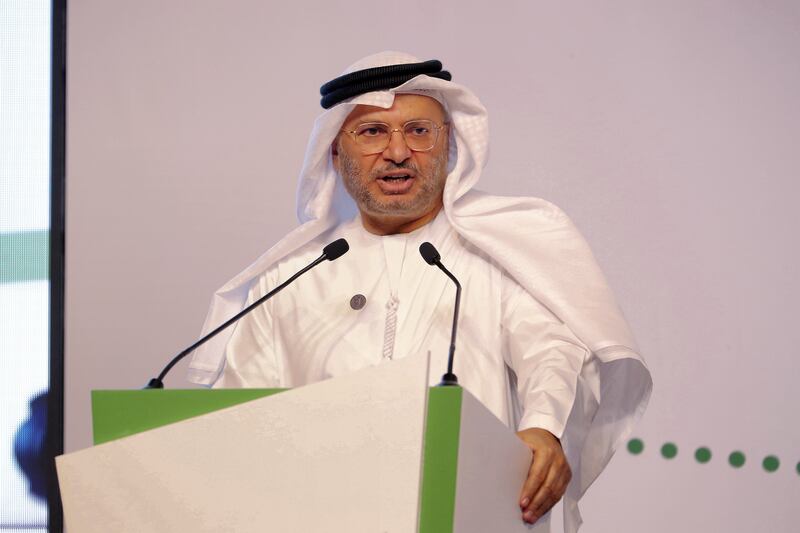 ABU DHABI , UNITED ARAB EMIRATES , November 14  – 2018 :- Dr. Anwar Gargash , UAE Minister of State for Foreign Affairs speaking at the Diplocon , Abu Dhabi Diplomacy Conference 2018 held at the St. Regis Saadiyat Island Resort in Abu Dhabi. ( Pawan Singh / The National ) For News. Story by Gill Duncan / Daniel Sanderson